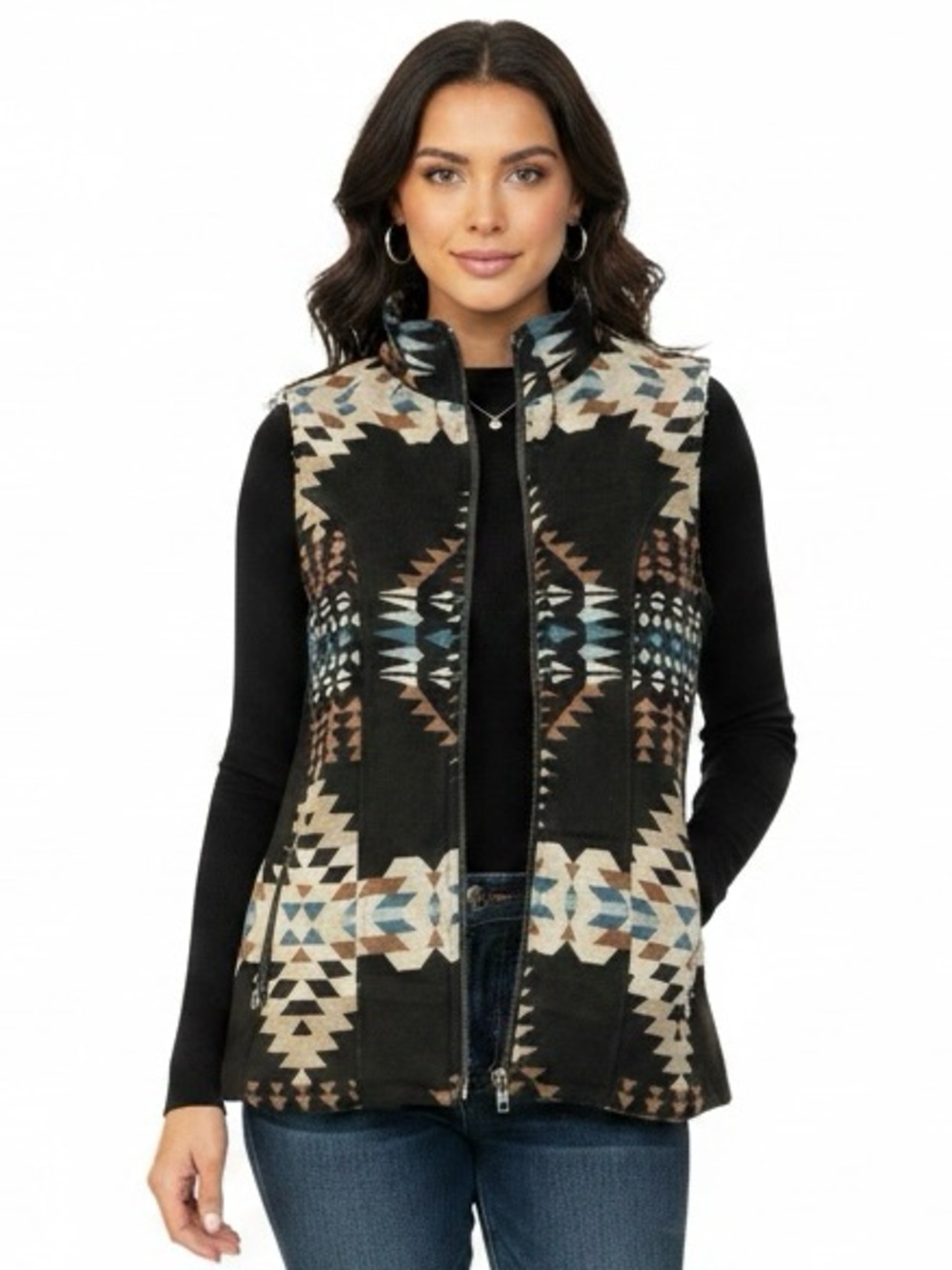Cedar Rose Women’s Black Aztec Print Zip-Front Fleece Vest